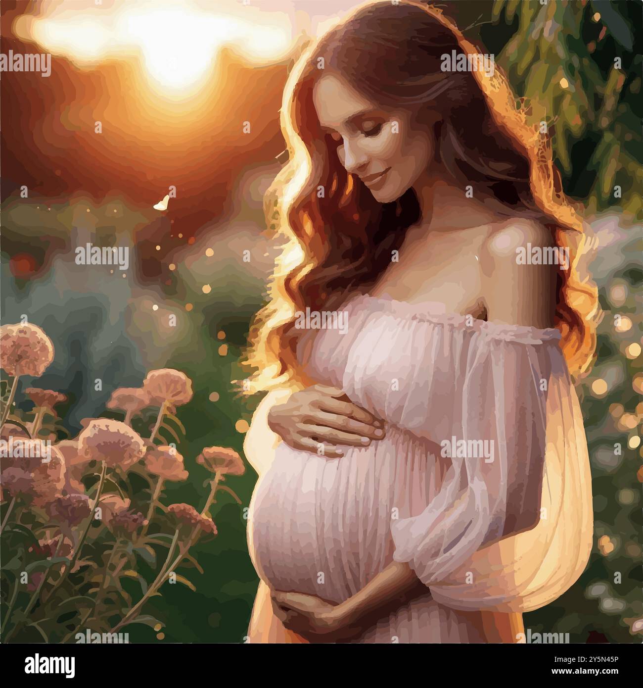 Una donna di vent'anni, con un piccolo bump, si erge in un giardino al tramonto, cullando la sua pancia con un sorriso sereno, irradiando un'imminente maternità. Illustrazione Vettoriale