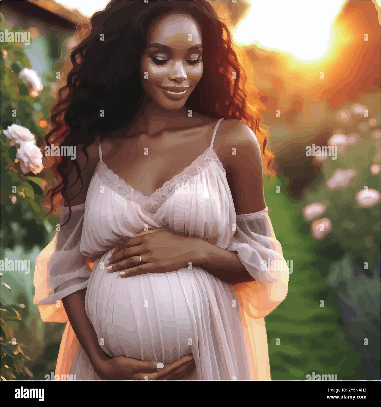 Una donna di vent'anni, con un piccolo bump, si erge in un giardino al tramonto, cullando la sua pancia con un sorriso sereno, irradiando un'imminente maternità. Illustrazione Vettoriale