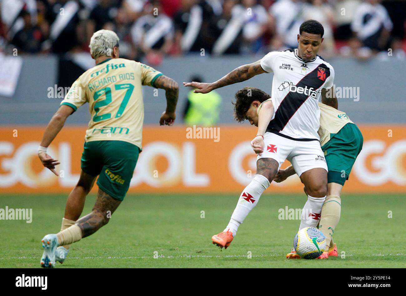 Brasilia, Brasile. 22 settembre 2024. David Correa di Vasco da Gama combatte per il pallone di possessione con Agustin Giay del Palmeiras, durante la partita tra Vasco da Gama e Palmeiras, per il brasiliano serie A 2024, allo Stadio Mane Garrincha, a Brasilia il 22 settembre 2024 foto: Adalberto Marques/DiaEsportivo/Alamy Live News Credit: DiaEsportivo/Alamy Live News Foto Stock