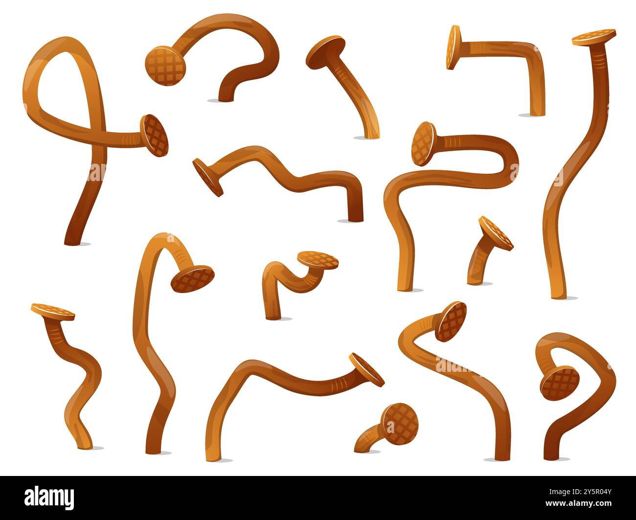 Unghie e teste piegate ruvide. Vecchi chiodi in metallo d'acciaio cartoni animati. Picchi di collegamento. Pilotato in oggetti curvi a parete. Utensili industriali. Riparare l'hardware. Rotto Illustrazione Vettoriale