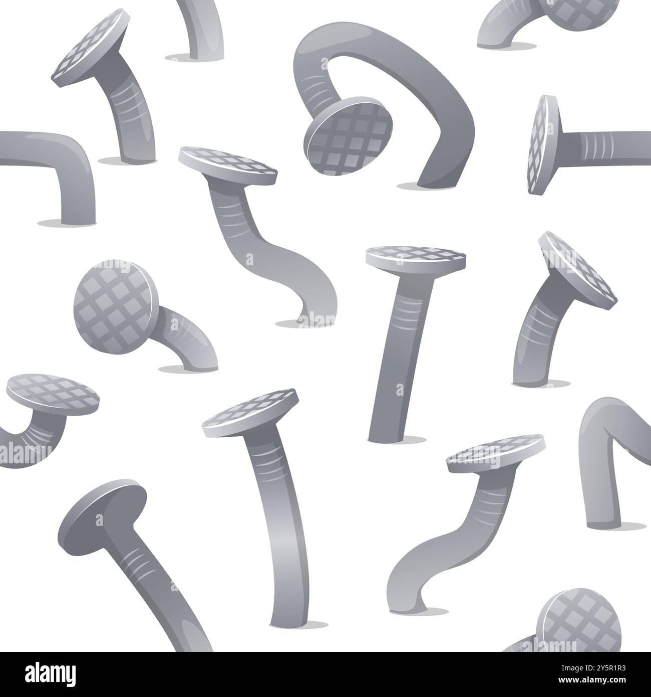 Chiodi ricurvi senza cuciture. Chiodi per hobby in metallo storti e martellati. Stampa ripetuta. piegature in acciaio. Teste ferruginose. Utensili industriali di fissaggio. Falegnameria ha Illustrazione Vettoriale