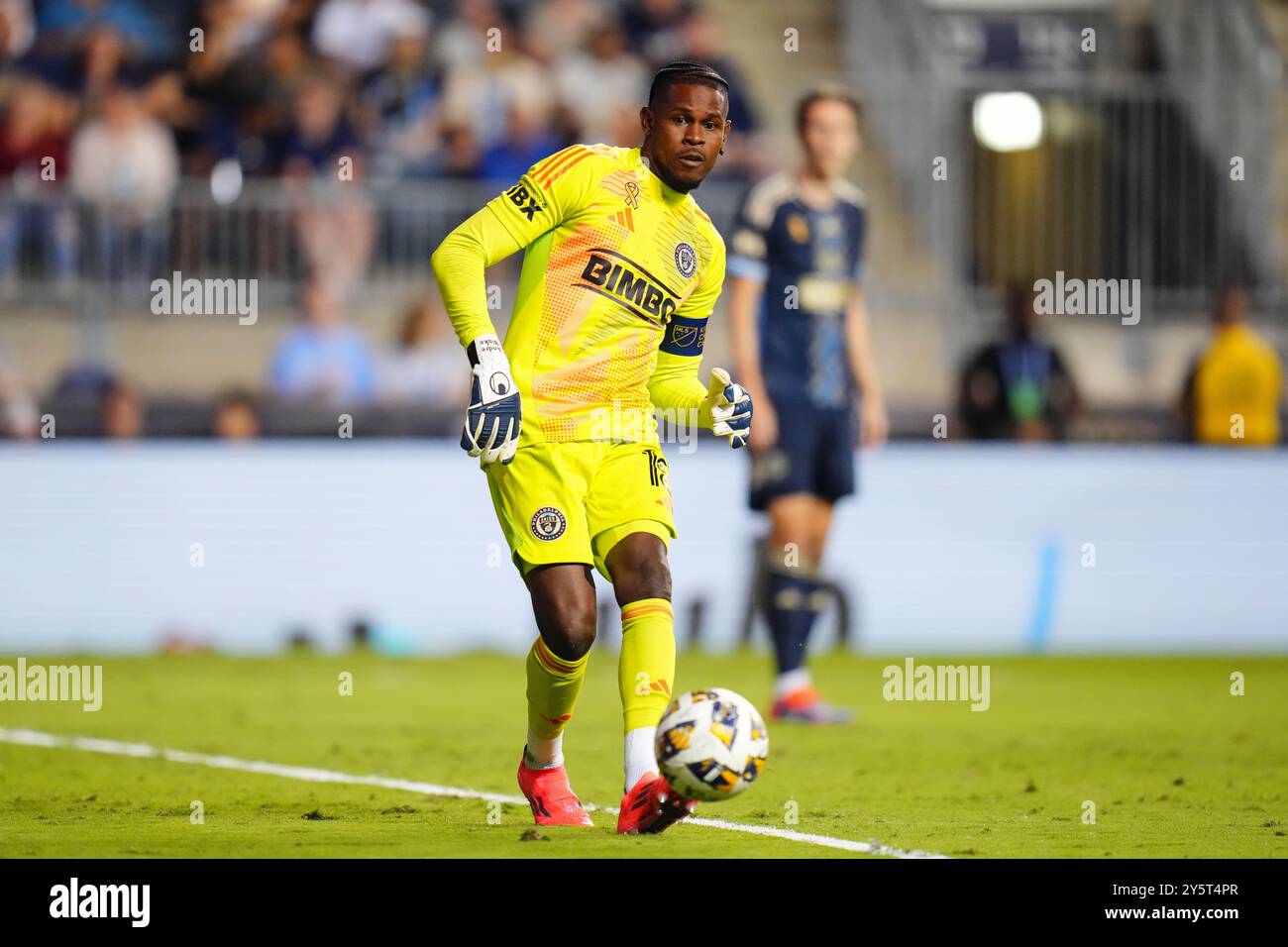 22 settembre 2024: Il Philadelphia Union Goalie Andre Blake (18) passa il pallone durante il secondo tempo di un match MLS contro il D. C. United al Subaru Park di Chester, Pennsylvania. Kyle Rodden/CSM Foto Stock