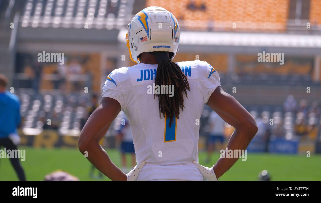 Pittsburgh, Pennsylvania, Stati Uniti. 22 settembre 2024. Quentin Johnston n. 1 durante la partita Steelers vs Chargers a Pittsburgh, Pennsylvania. Jason Pohuski/CSM/Alamy Live News Foto Stock