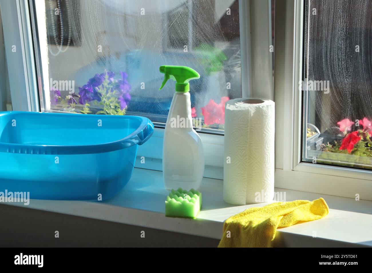 Detergenti per la casa e articoli per pulire le finestre in casa. Pulizia e pulizia della casa. Foto Stock