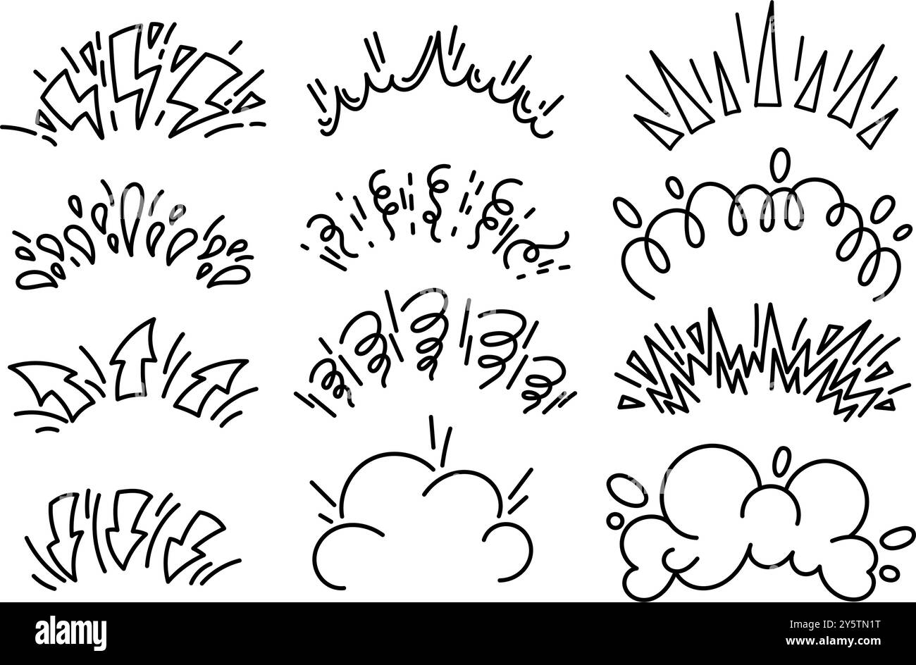 Effetto esplosivo fumetto a fumetti a fumetti. Raffica vettoriale con spruzzi ed elementi fumogeni. Doodle linee di velocità e nuvole di pow. Fulmine di fuoco disegnato a mano Illustrazione Vettoriale