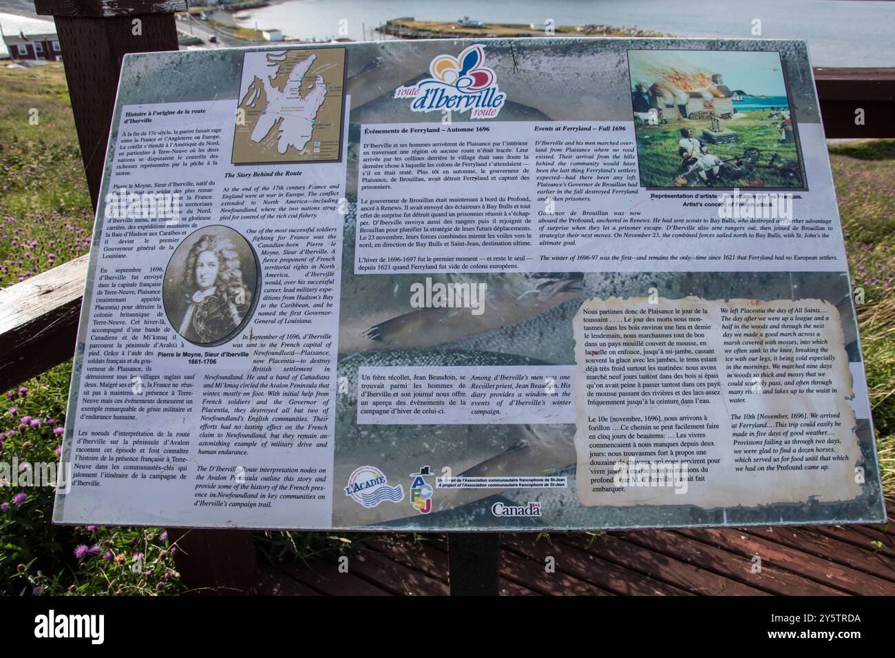 Insegna informativa sulla Route d'Iberville e sugli eventi storici al Downs di Ferryland, Newfoundland & Labrador, Canada Foto Stock