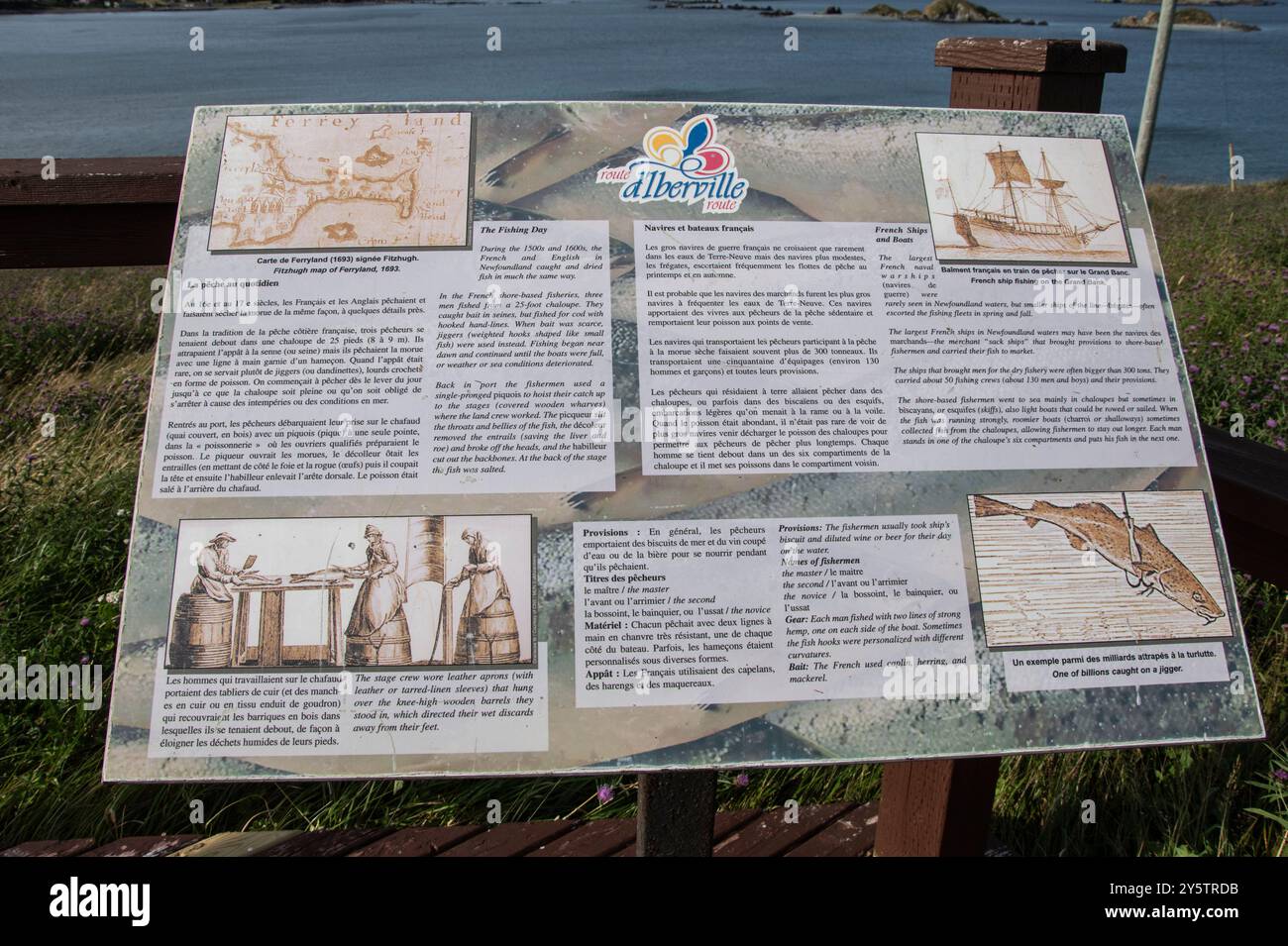Insegna informativa sulla Route d'Iberville il giorno della pesca e barche francesi presso le Downs di Ferryland, Terranova e Labrador, Canada Foto Stock