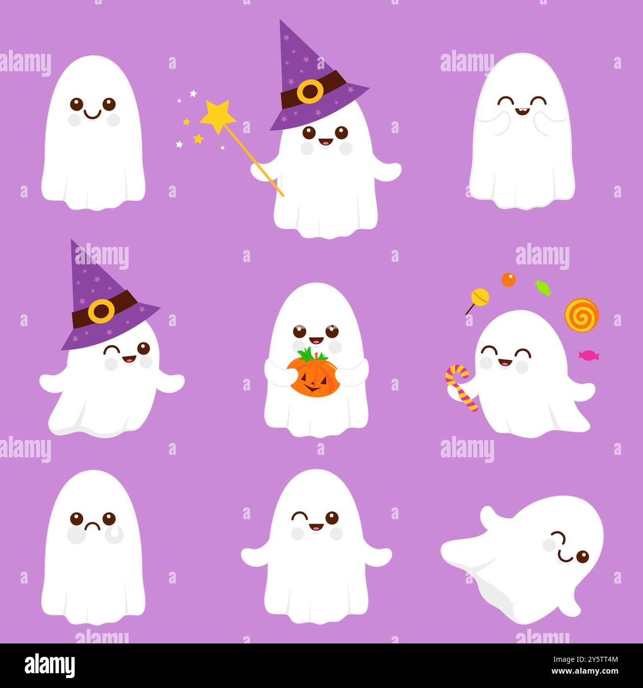 Carino set fantasmi spaventosi di Halloween. Divertente trucco cartoni animati o delizia i simpatici personaggi spettrali con il set di caramelle. Foto Stock