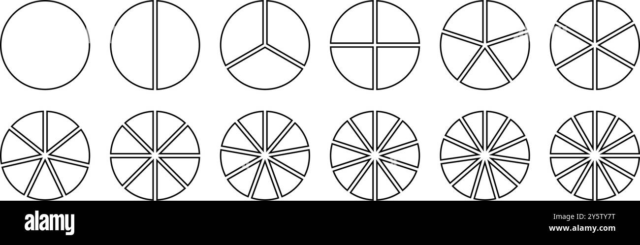 Set di icone infografiche divisione cerchio. Grafico a torta diviso 8,9,10 parti uguali. Schema rotondo della pizza o della ciambella. Infografica segmento ruota. Frazione del contorno Illustrazione Vettoriale