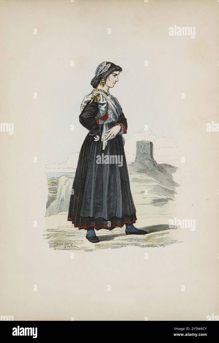 Illustrazione vintage di una ragazza italiana di Dignano in Istria. Costumi storici e folcloristici. Germania. 1881 Foto Stock