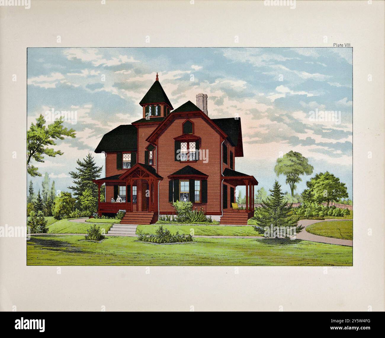 Design architettonico americano del XIX secolo. Illustrazione vintage di residenza privata americana. 1885 lo stile di casa qui rappresentato è molto prevalente e meritatamente popolare in tutte le parti del paese. E' economico per quanto riguarda i costi di costruzione, spazioso e comodo, e se trattato con il dovuto rispetto del gusto nella decorazione è capace di dare un aspetto eccellente. Foto Stock