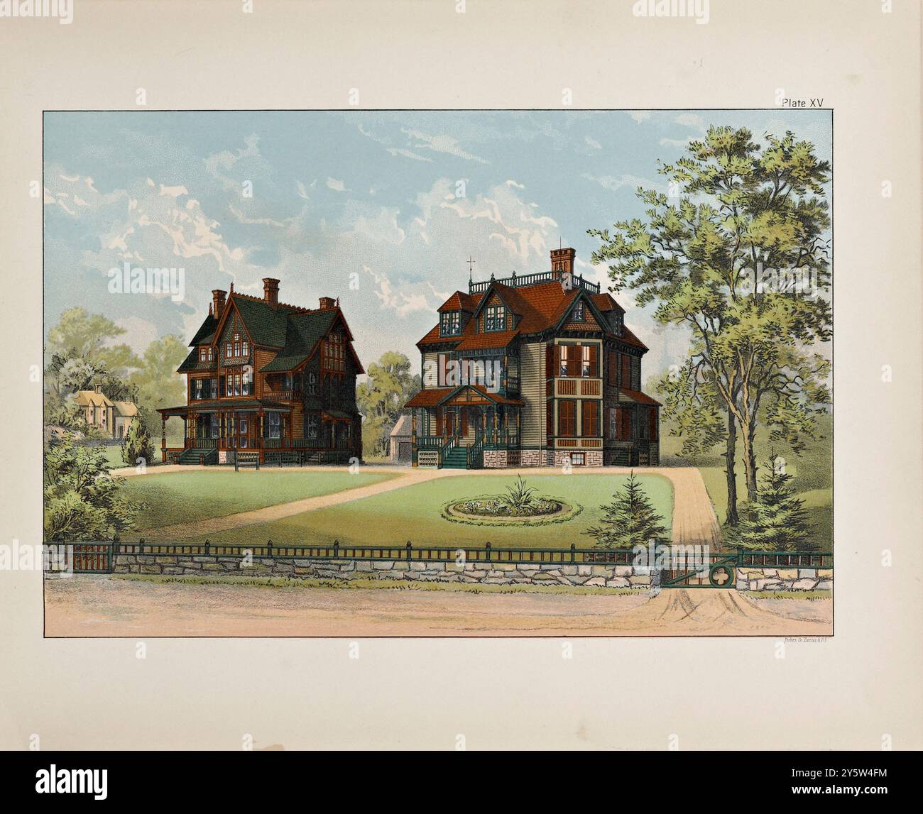 Design architettonico americano del XIX secolo. Illustrazione vintage di case di campagna americane. 1885 questa illustrazione rappresenta due case, diverse per design, ma rappresentate in prossimità l'una dell'altra e in condizioni simili a quelle delle superfici. L'effetto generale e' ricco, caldo ed elegante, i dettagli architettonici vengono portati in una piacevole prominenza. Foto Stock