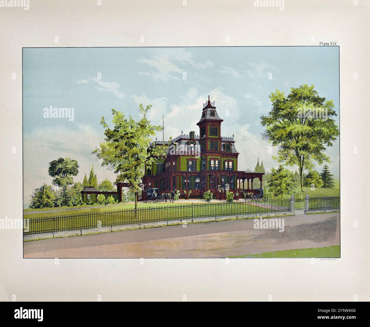 Design architettonico americano del XIX secolo. Illustrazione d'epoca di residenza americana situata nel Connecticut. 1885 la residenza qui mostrata, di proporzioni eccellenti ed eretta in uno stile architettonico attraente, si trova nel Connecticut e si trova a un'altitudine tale e con un ambiente aperto da avere da quasi tutti i punti di vista il cielo come sfondo. Foto Stock