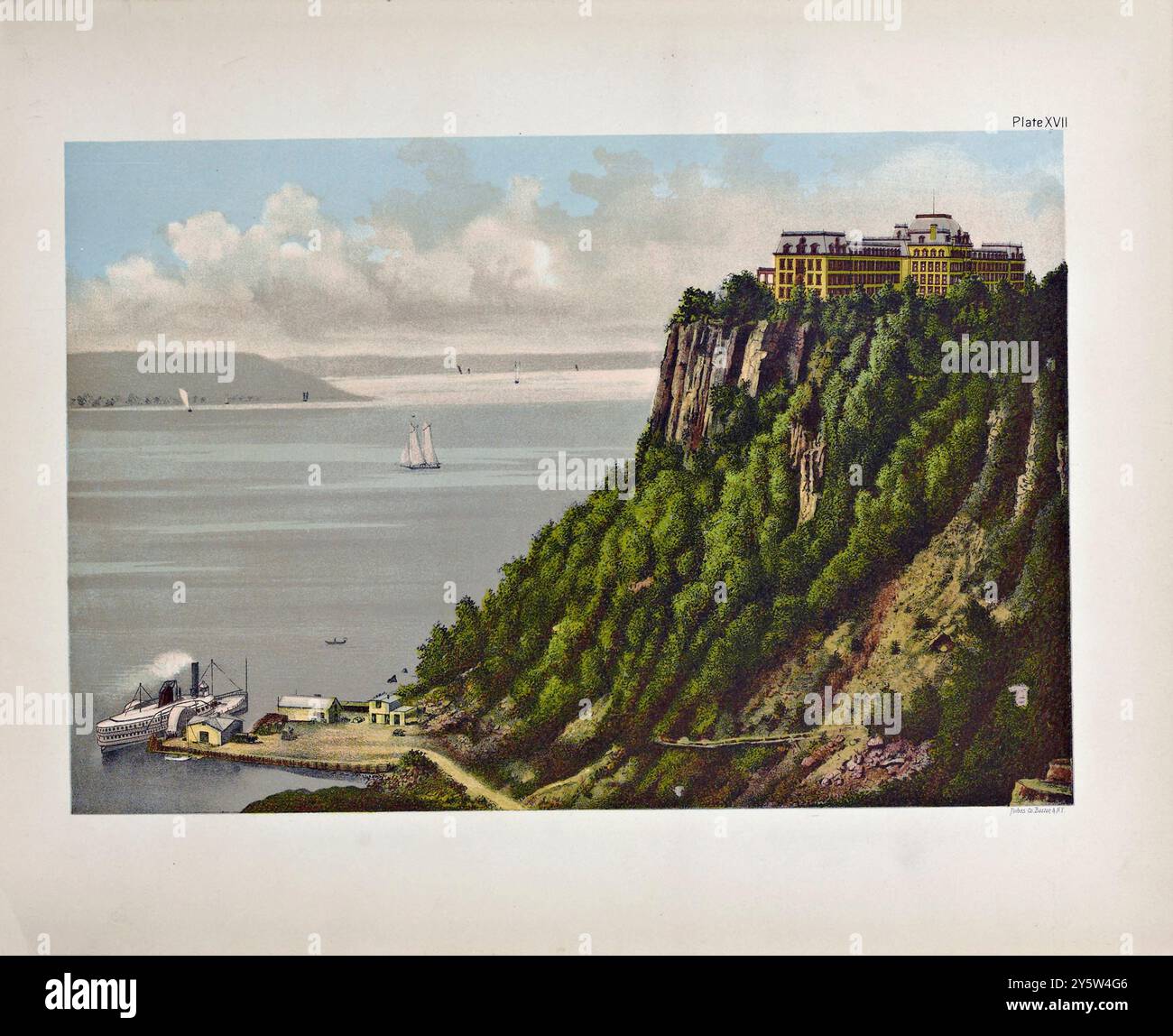 Design architettonico americano del XIX secolo. Illustrazione vintage dei luoghi di residenza estivi. 1885 in questa illustrazione ci siamo sforzati di dare un'idea della decorazione di un edificio situato su un alto livello e visto solo da lontano, come nel caso di molti hotel e luoghi di residenza estivi in tutto il paese. L'obiettivo è quello di produrre un aspetto audace e suggestivo, in contrasto con il paesaggio e formarvi in esso, da un punto di osservazione remoto, una caratteristica prominente ma piacevole. Foto Stock