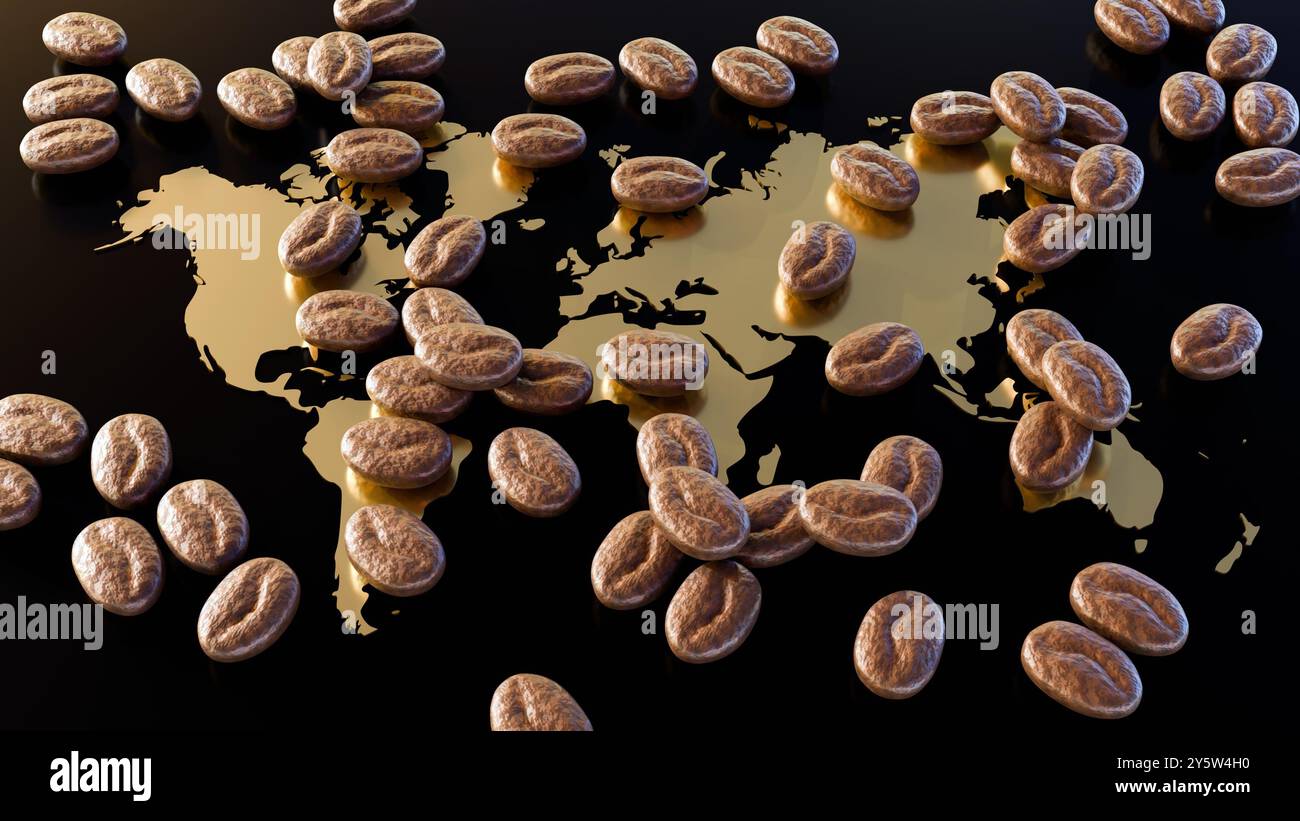 rendering 3d di una mappa del mondo fatta di oro, circondato da chicchi di caffè sparsi su sfondo nero. Foto Stock