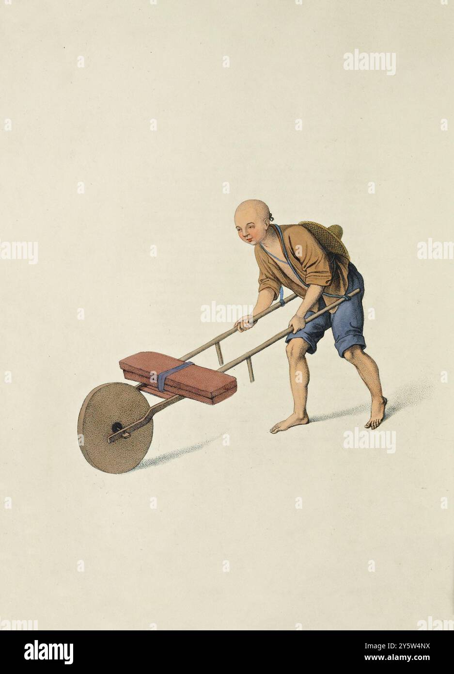 Costume tradizionale cinese del periodo Qing. Illustrazione vintage di un operaio cinese. 1800 questo mostra una sorta di carriola a ruote utilizzata dai lavoratori in Cina per gli articoli pesanti, che sono quindi legati ad esso; essendo di una costruzione notevolmente più leggera di quelle in Inghilterra. Hanno anche un altro barrow che è peculiare del paese. E' molto grande e richiede due uomini per guidarla, uno di fronte a disegnare e assistere la forza propulsiva. Quando il vento soffia bruscamente da una direzione opposta al punto in cui sta andando il lavoratore, posiziona un tappeto quadrato disteso tra due Foto Stock