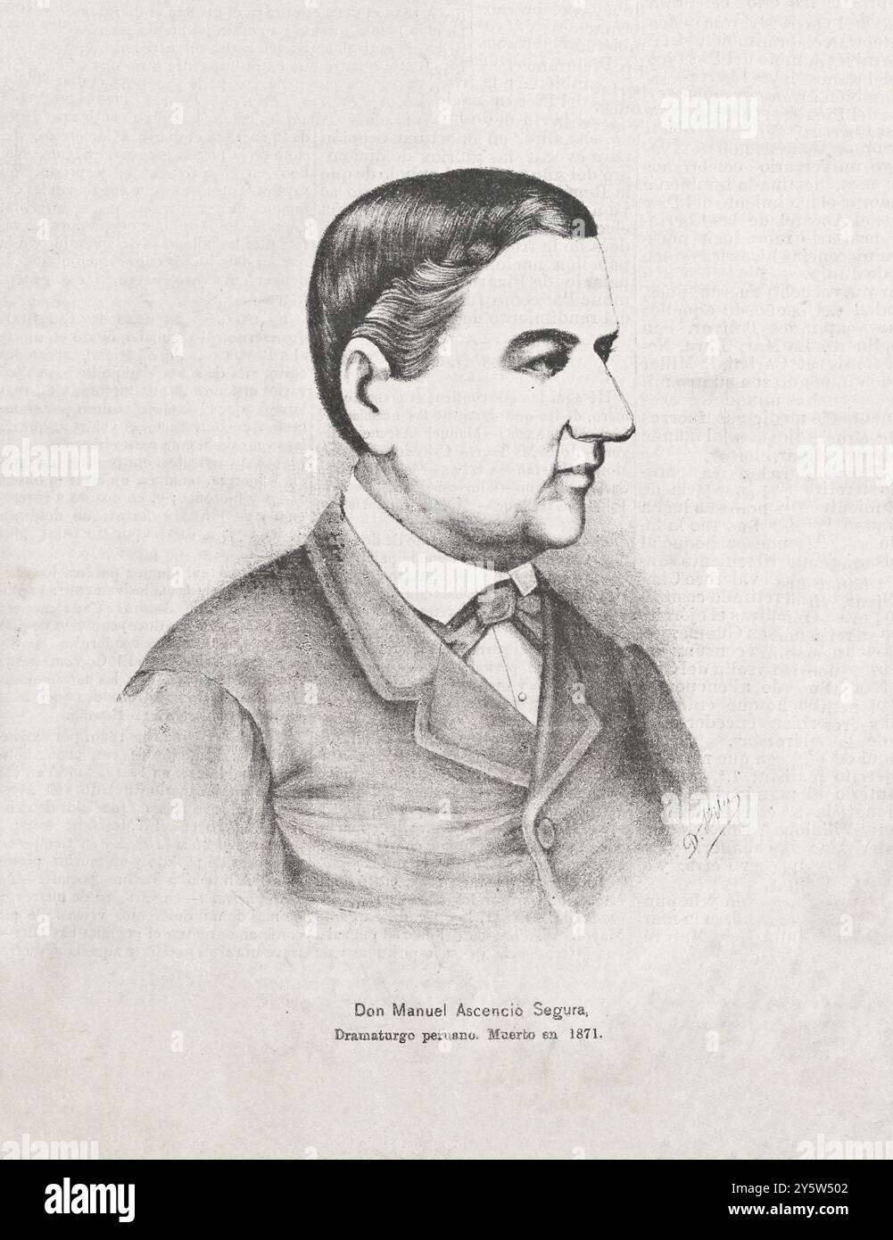 Don Manuel Ascencio Segura. Perù. 1889 Manuel Ascencio Segura y Cordero (1805-1871) è stato uno scrittore e drammaturgo peruviano, un importante rappresentante del costumbrismo nei primi giorni della letteratura repubblicana. È considerato il creatore del teatro nazionale peruviano. Foto Stock
