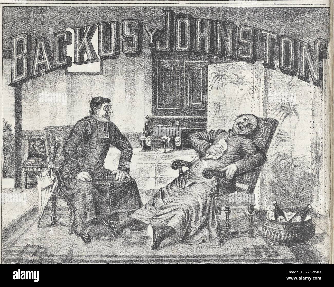 Spot vintage di Backus y Johnston. Perù. 1889 Backus and Johnston (spagnolo Backus y Johnston) è la più grande birreria del Perù, parte della Bavaria Brewery, che a sua volta fa parte del gruppo internazionale AB InBev. La sua birreria principale si trova nel quartiere ATe di Lima. Backus, in qualità di proprietario di quasi tutte le marche di birra disponibili in Perù, gode de facto del monopolio sul consumo di birra peruviana. Oltre alla birra, Backus produce bevande analcoliche e acqua in bottiglia. Foto Stock