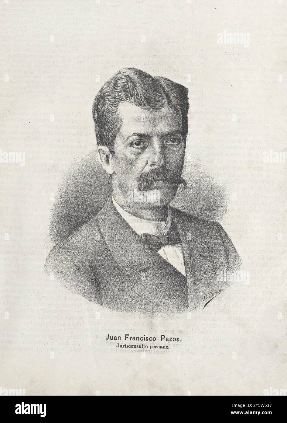 Juan Francisco Pazos Monasí. Juan Francisco Pazos Monasí, (1836-1902) avvocato, giornalista e politico peruviano. È stato deputato costituente (1867), Ministro delle Finanze e del commercio (1879), deputato per Pomabamba (1886-1889), Ministro della giustizia, dell'istruzione, del culto e della carestia (1886) e membro di Hualgayoc (1890-1893). Fondatore e direttore del giornale El Nacional. Foto Stock
