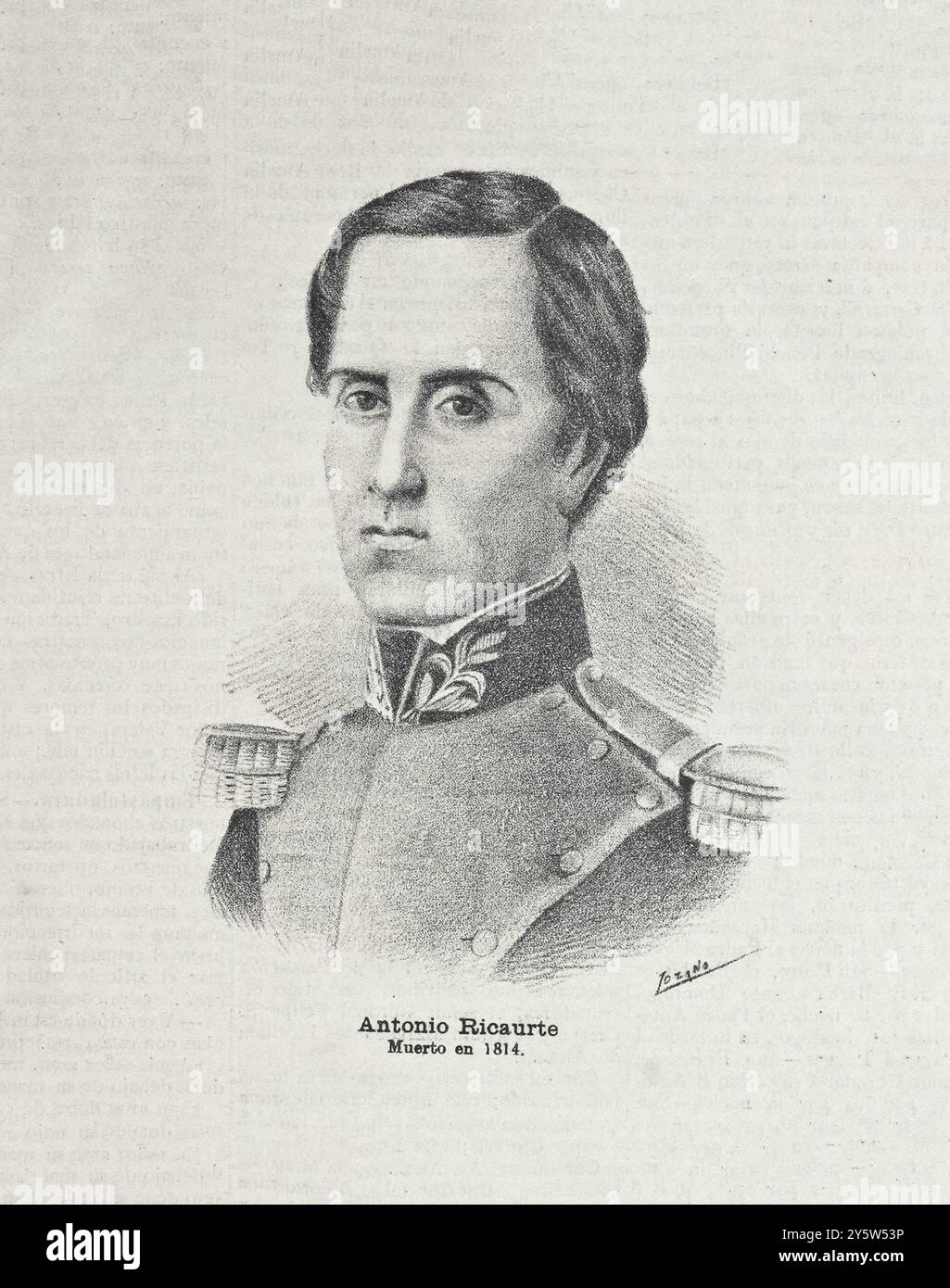 Antonio Ricaurte Antonio Clemente José María Bernabé Ricaurte Lozano (1786 – 1814) è stato un patriota della Colombia e del Venezuela e capitano dell'esercito di Bolívar. È ricordato come il martire della battaglia di San Mateo, dove, in un'azione eroica, fece esplodere una fortezza nemica immolandosi. Foto Stock