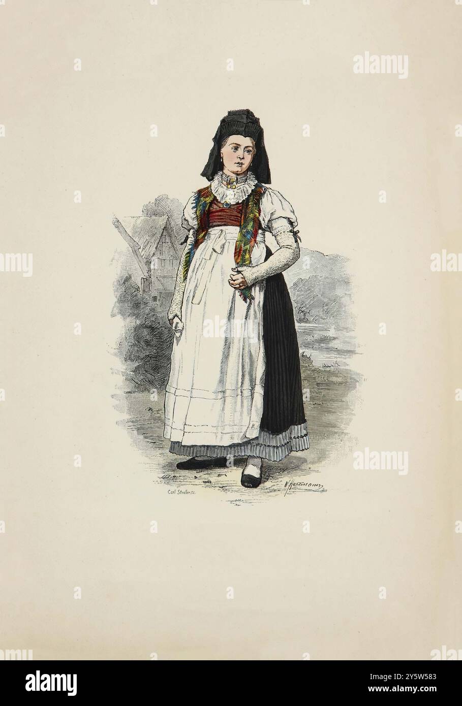 Illustrazione vintage di donna in vecchio costume tradizionale di Brotterode in Turingia. Costumi storici e folcloristici. Germania. 1881 Foto Stock