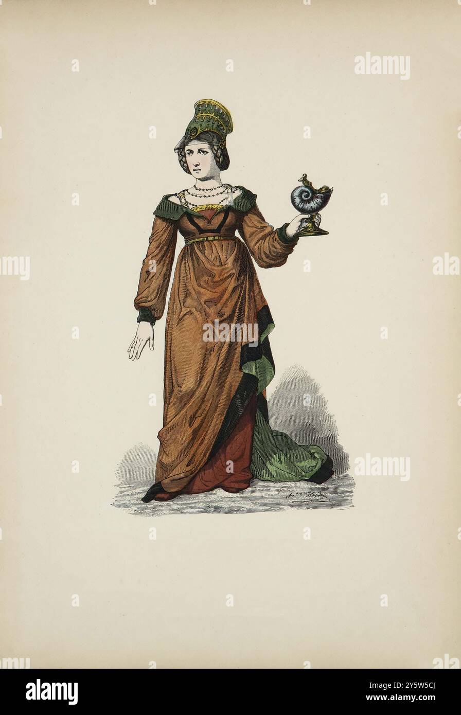 Illustrazione vintage di Noble German Woman. Intorno al 1480. Costumi storici e folcloristici. Germania. 1881 Foto Stock