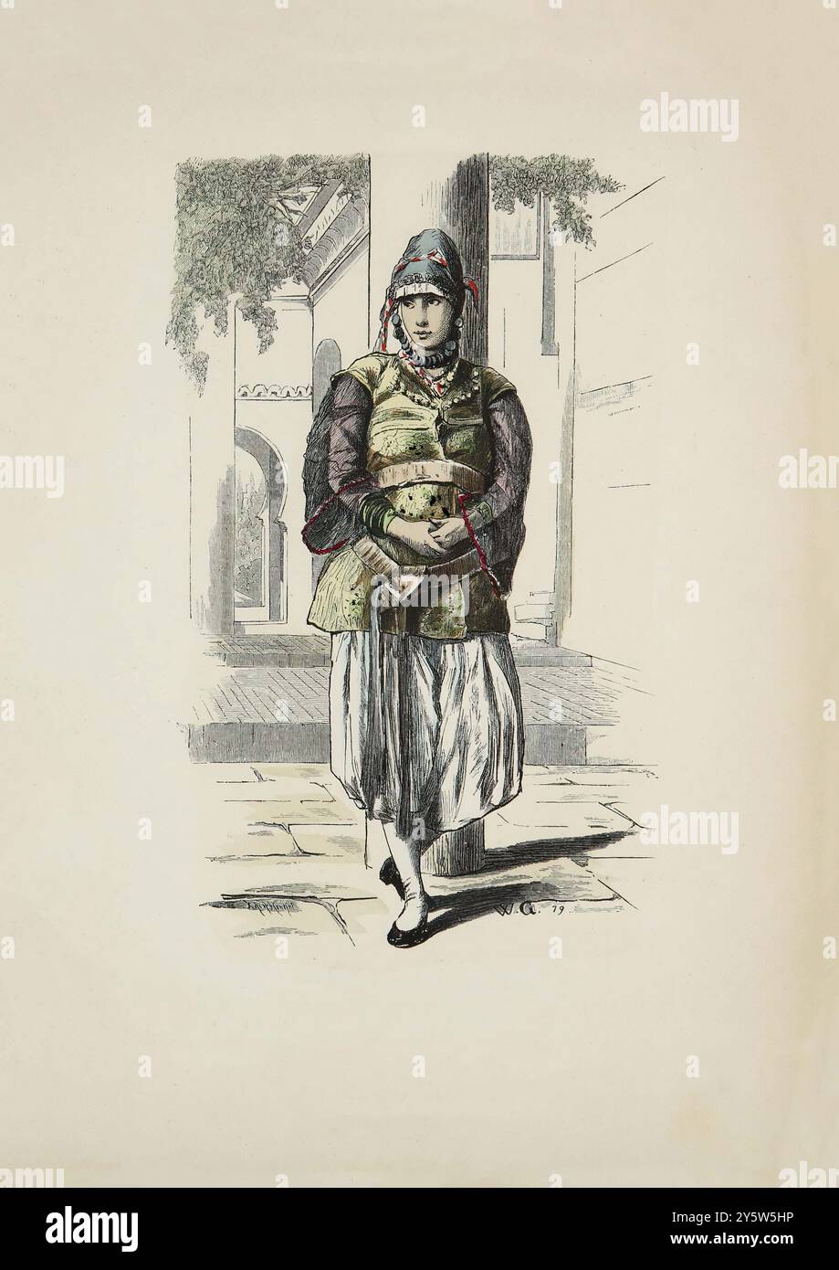 Illustrazione vintage di una donna moresca del Marocco. Costumi storici e folcloristici. Germania. 1881 Foto Stock