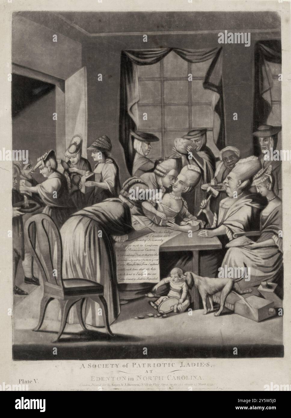 Incisione di una società di donne patriottiche, a Edenton, nella Carolina del Nord. Marzo 1775 (di P. Dawe, artista) Print mostra satira sulle donne americane di Edenton, Carolina del Nord, impegnandosi a boicottare il tè inglese in risposta alla risoluzione del Congresso continentale del 1774 per boicottare i beni inglesi. Foto Stock