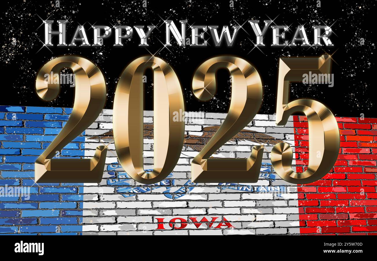 Felice anno nuovo 2025 con bandiera Iowa - illustrazione, 2025 NUMERI FELICE ANNO NUOVO Foto Stock