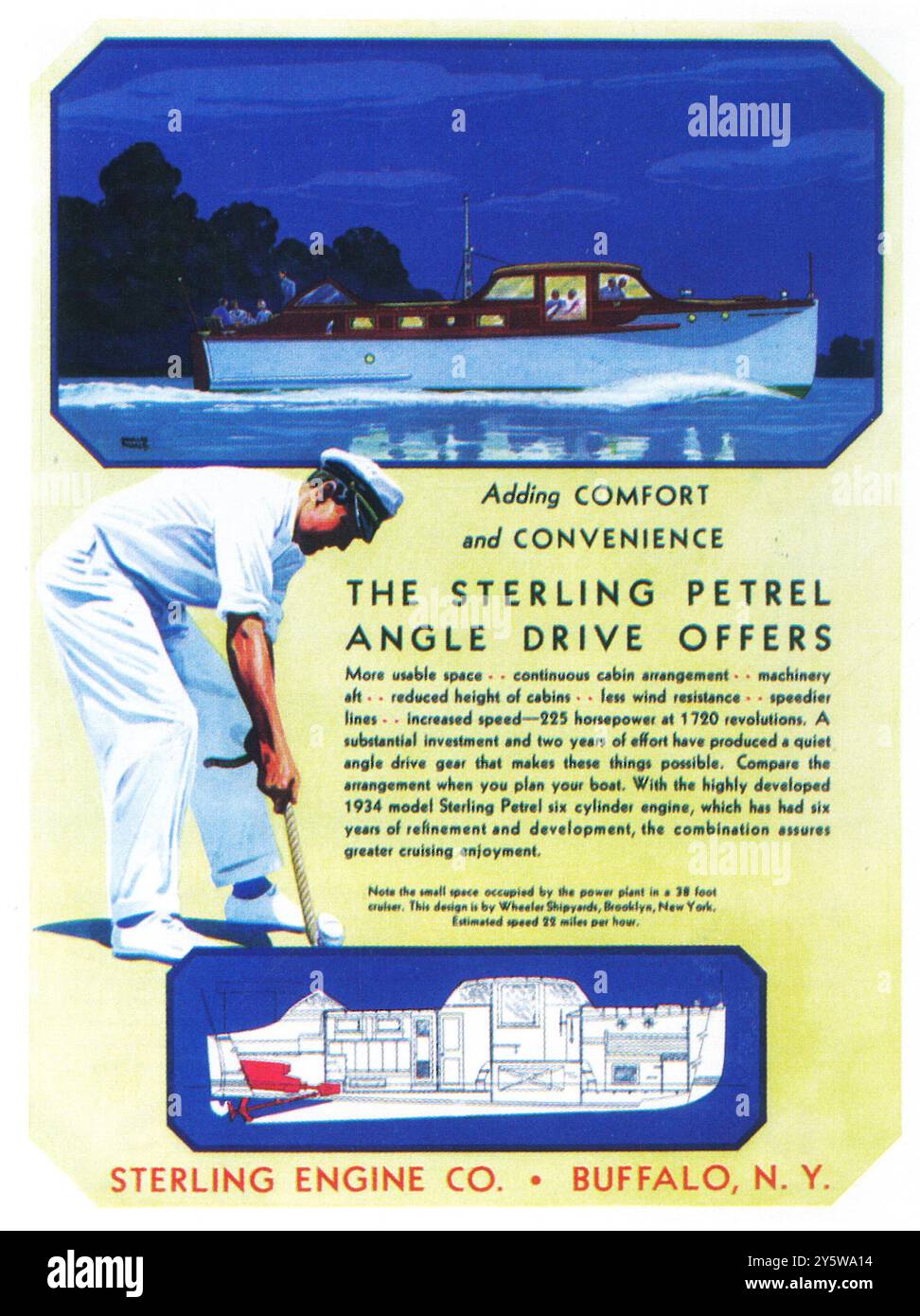 1933 Sterling Engine Buffalo Cruiser boat ad con il capitano Douglas Donald Foto Stock