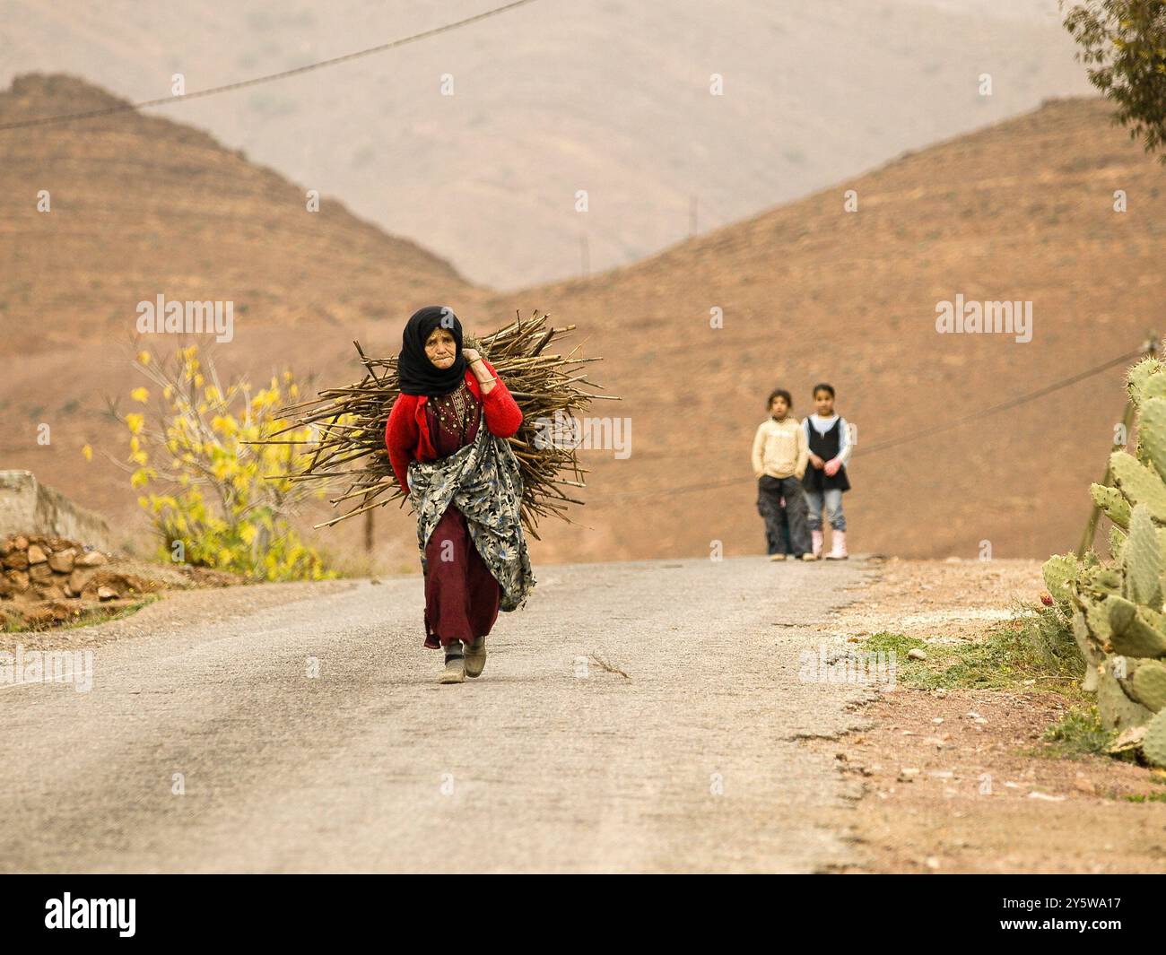 Donna che trasporta legna da ardere, Kasbah Glaoui.Taliouine, anti atlas Morocco Foto Stock