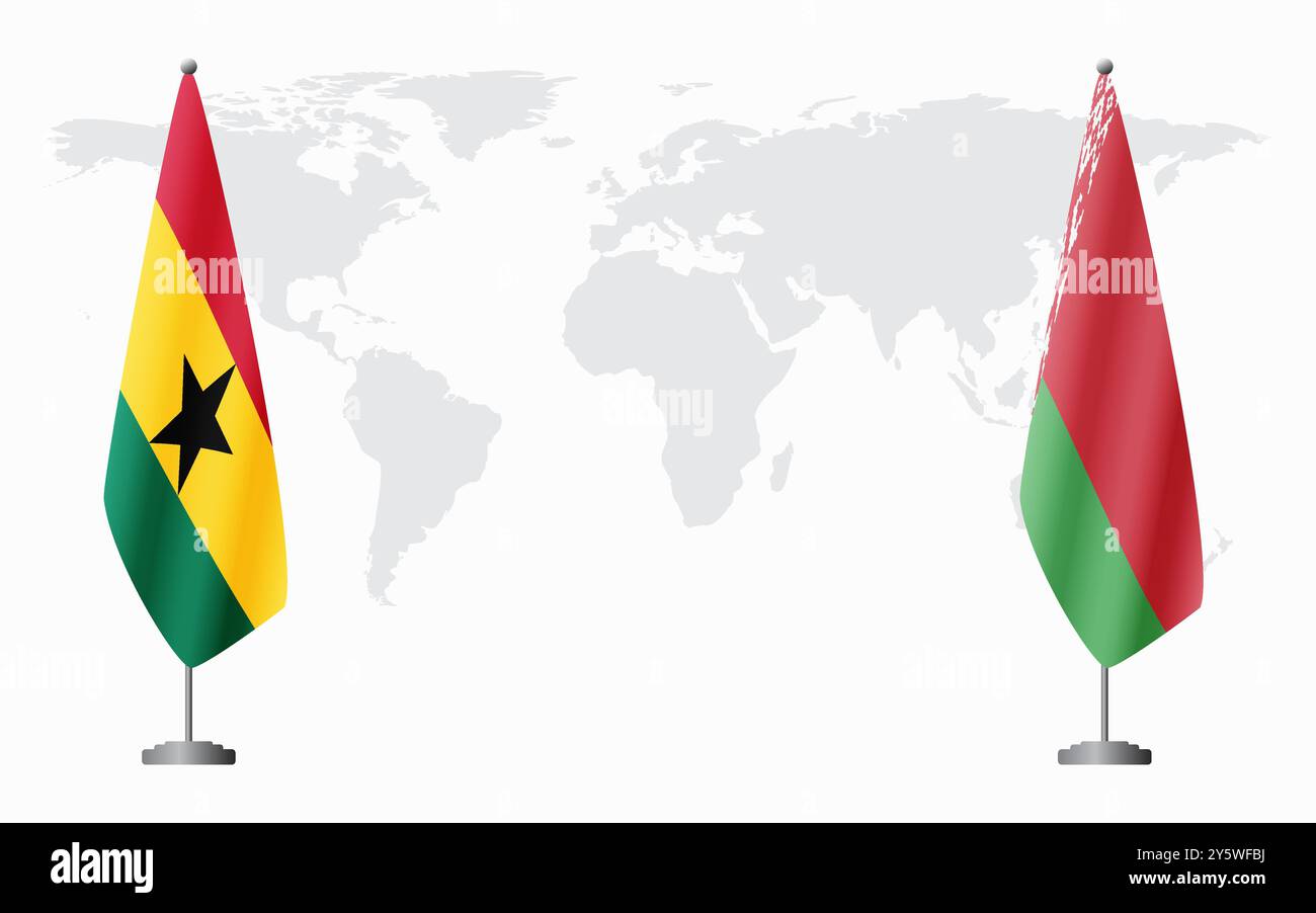 Bandiere del Ghana e della Bielorussia per riunioni ufficiali sullo sfondo della mappa mondiale. Illustrazione Vettoriale