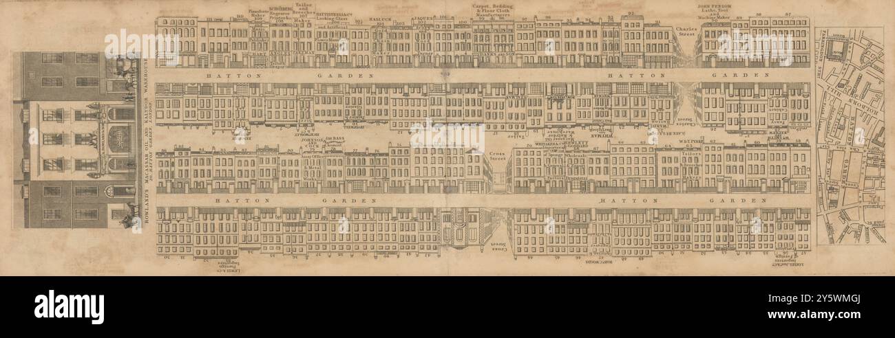 Tallis London Street View #33 Hatton Garden 1838 vecchia mappa antica Foto Stock