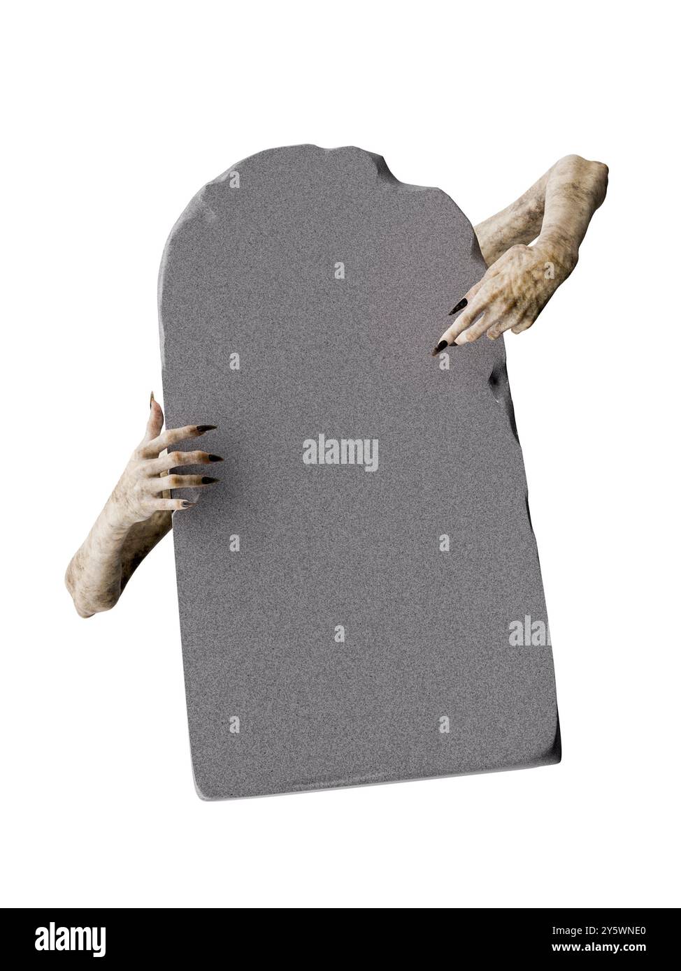 Mani di zombie che emergono da una lapide con spazio di copia... Isolato su bianco. rendering 3d. Foto Stock