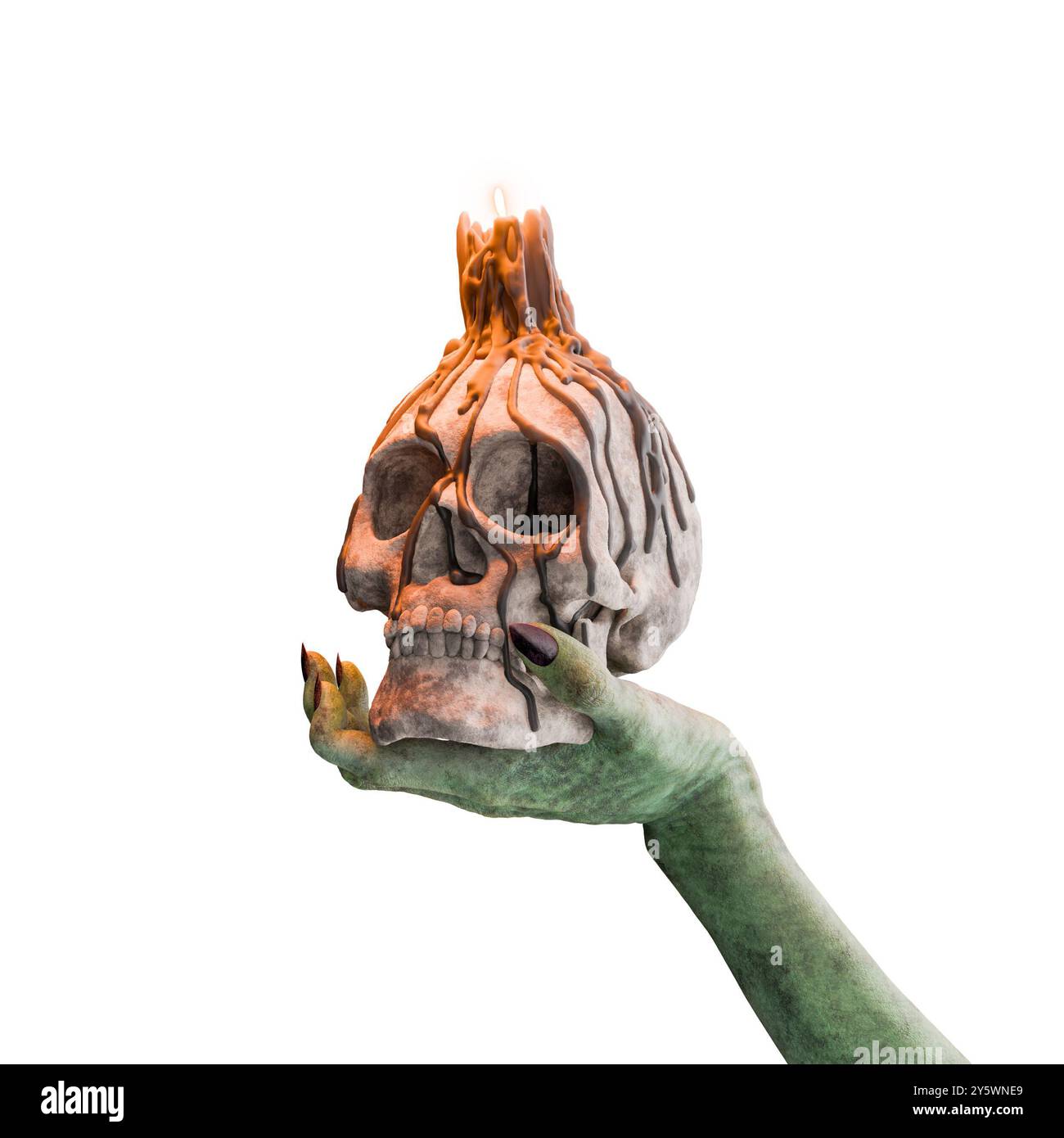 Zombie che tiene la mano che scioglie la candela del cranio per la decorazione di halloween. Isolato su bianco. rendering 3d. Foto Stock