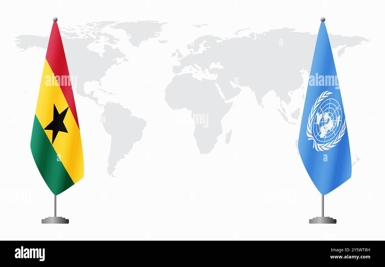 Il Ghana e le Nazioni Unite bandiere per l'incontro ufficiale sullo sfondo della mappa mondiale. Illustrazione Vettoriale
