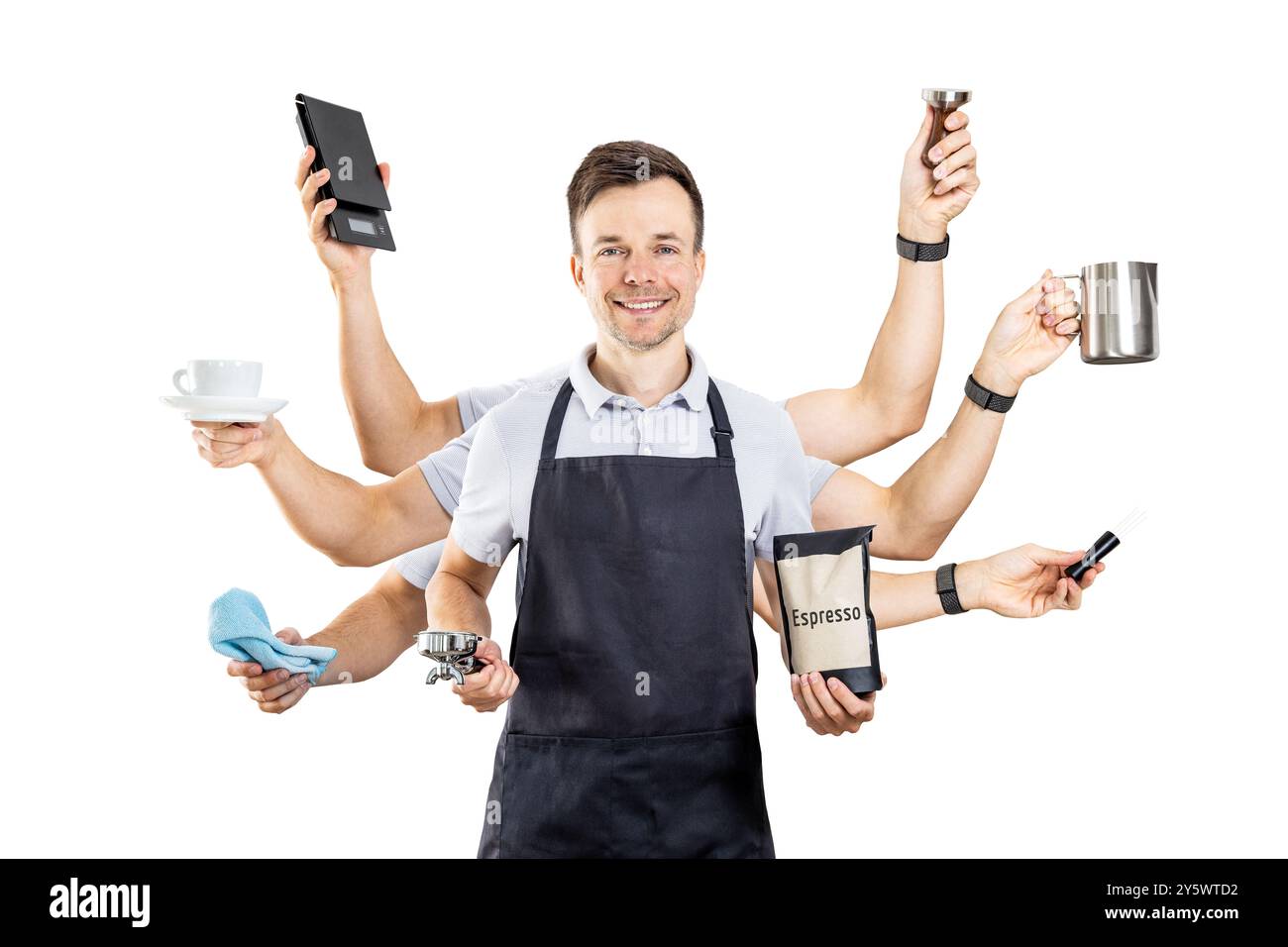 Barista con più braccia che tiene l'apparecchiatura per espresso isolata dallo sfondo Foto Stock