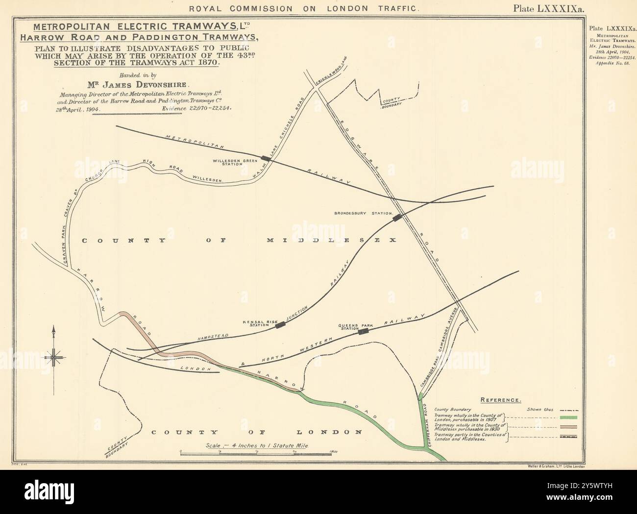 London Traffic Royal Commission. Harrow Road & Paddington tram 1906 mappa Foto Stock