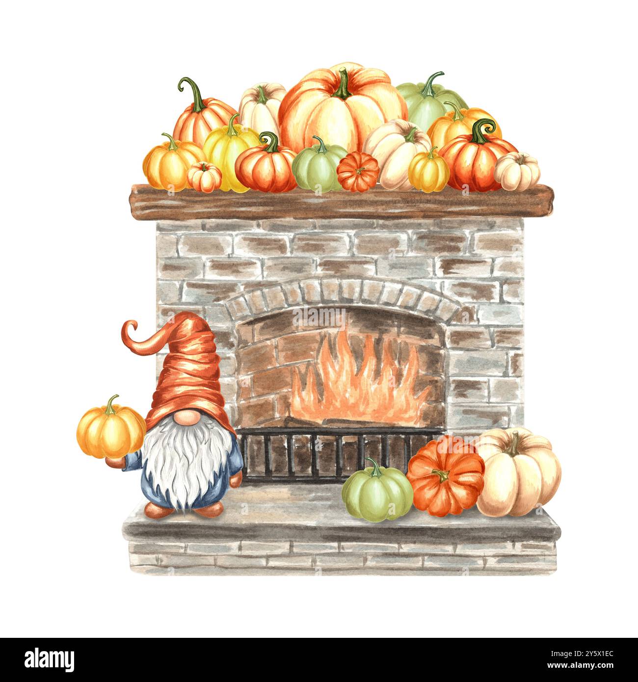 Caminetto con zucche arancioni su scaffale in legno e gnomo da giardino. Composizione delle cadute. Illustrazione ad acquerello disegnata a mano isolata. Accogliente casa autunnale Foto Stock