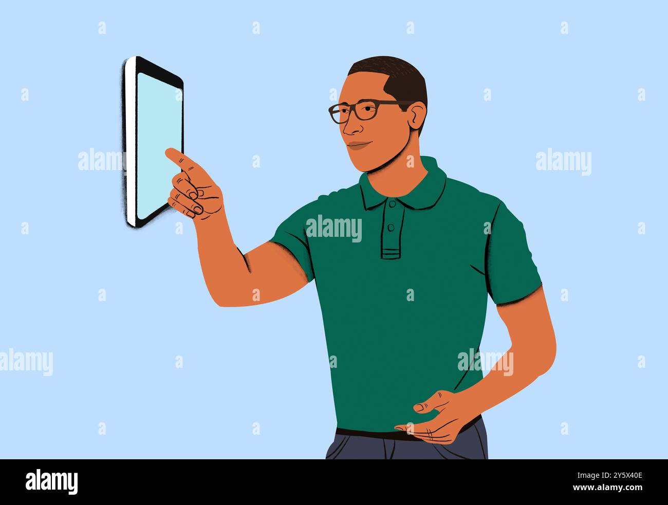 Illustrazione stilizzata di un maschio adulto che utilizza un'ampia interfaccia touchscreen con un'espressione mirata. Foto Stock