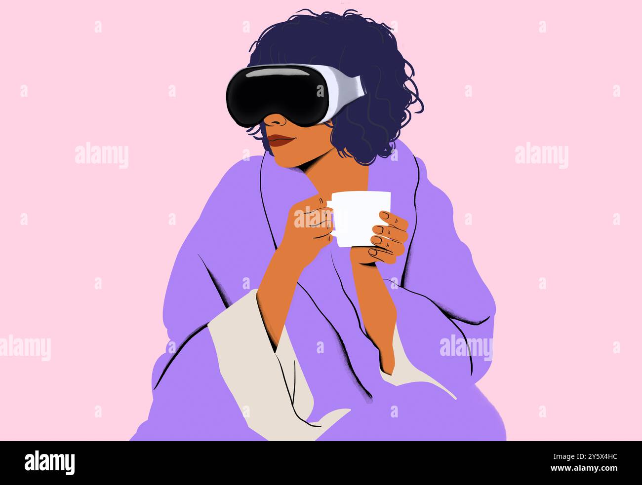 Illustrazione stilizzata di una donna che indossa un visore per la realtà virtuale e tiene in mano una tazza, avvolta da un'accogliente coperta viola su uno sfondo rosa. Foto Stock