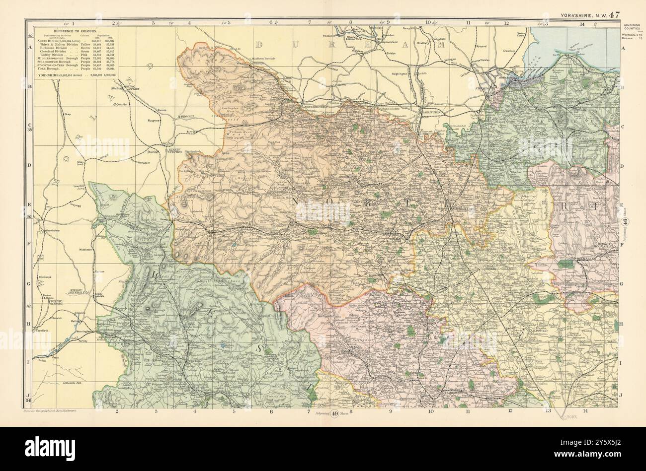 YORKSHIRE (nord-ovest) Middlesborough Northallerton County mappa GW BACON 1895 Foto Stock