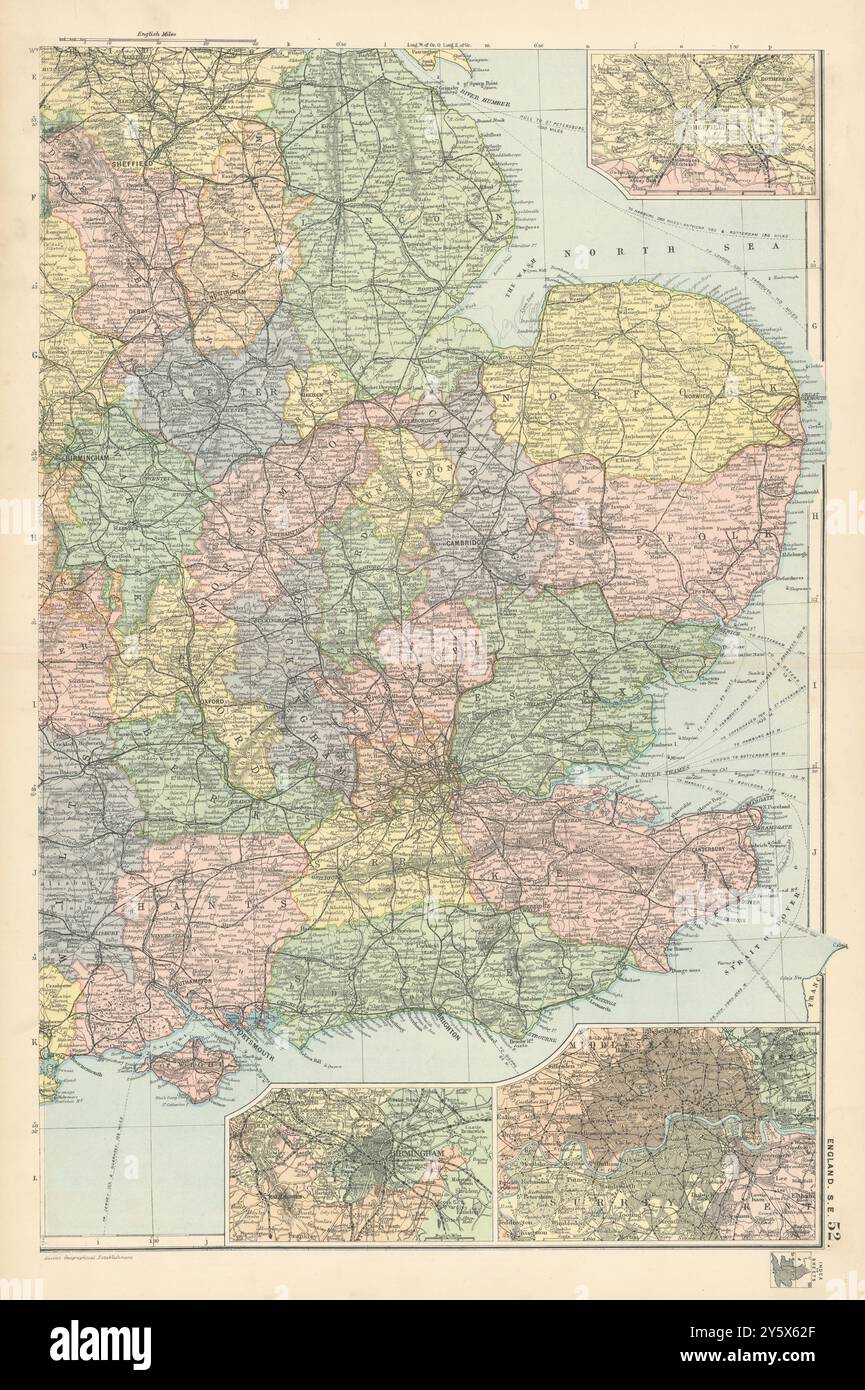 INGHILTERRA, MIDLANDS SUDORIENTALI. Sheffield Birmingham London.Railways.BACON 1895 mappa Foto Stock