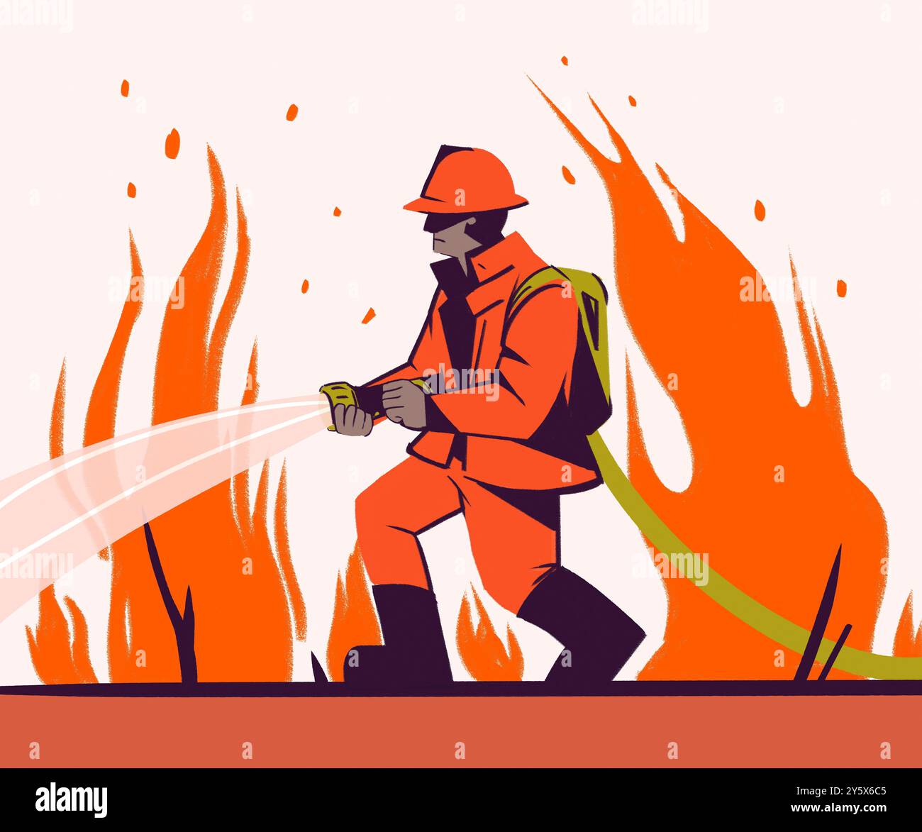 Vigile del fuoco che combatte un fuoco con una manichetta in un'illustrazione stilizzata. Foto Stock