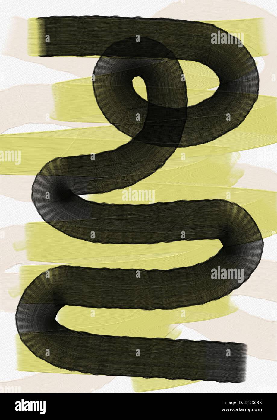 Grafica digitale astratta con forme nere intrecciate su sfondo testurizzato con tratti di giallo e crema. Foto Stock