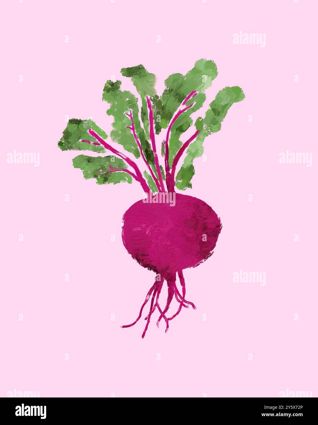 Barbabietola rosa brillante con foglie verdi su sfondo rosa pastello. Foto Stock