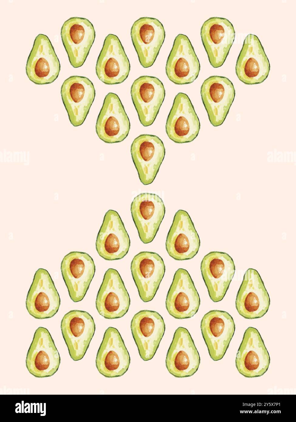 Metà avocado disposte con una freccia simmetrica su uno sfondo chiaro. Foto Stock