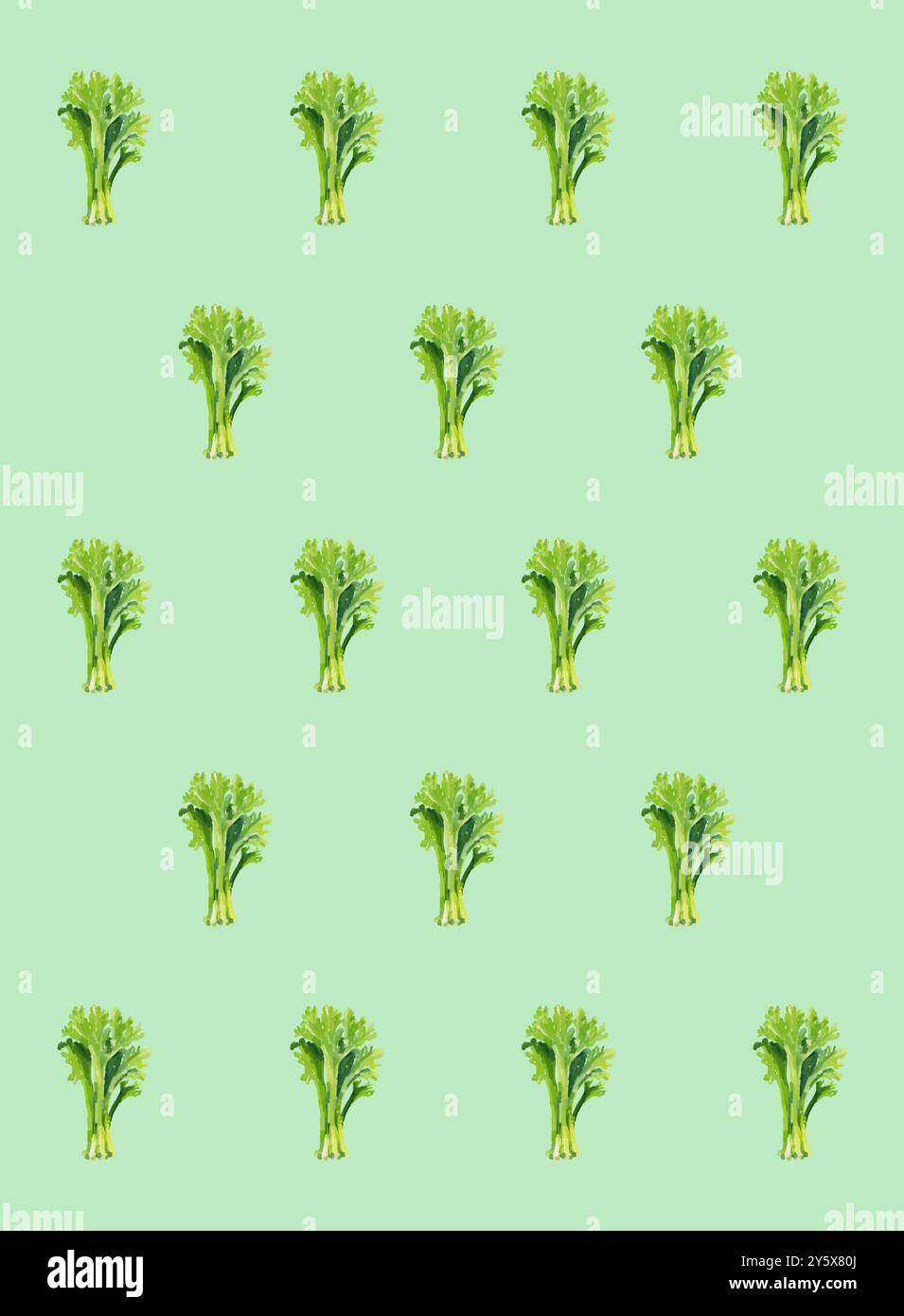 Una collezione di teste di lattuga verde fresche disposte in un motivo ordinato su uno sfondo di menta pastello. Foto Stock