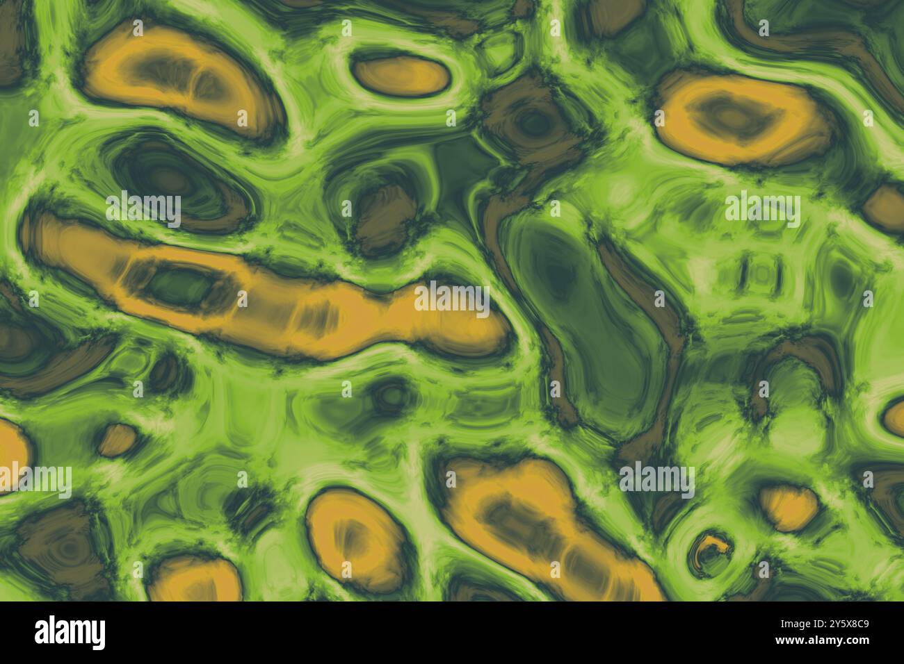Pittura fluida astratta verde e arancione con motivi e forme vorticose. Foto Stock