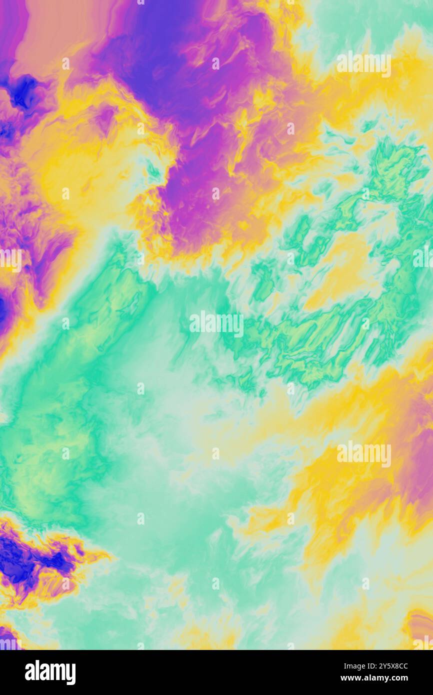 Vivace sfondo astratto con una miscela di colori gialli, viola, verdi e arancioni che ricordano un vivido paesaggio da sogno. Foto Stock